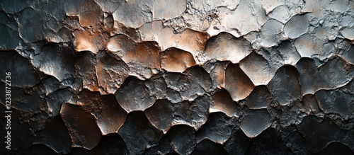 Textured surface with peeling dark paint revealing underlying layers in shades of black, grey, and bronze, suitable for abstract backgrounds.