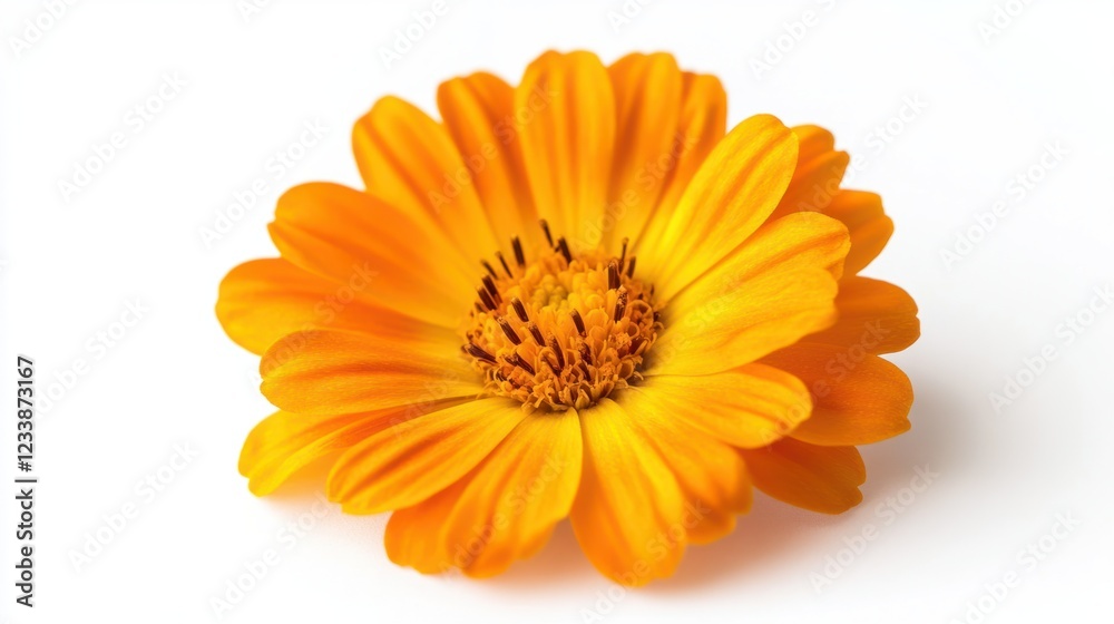 A fresh marigold flower with natural details and soft lighting, isolated on white A fresh marigold flower with natural details and soft lighting, isolated on white