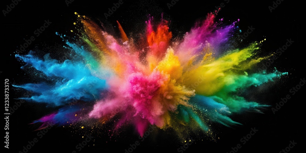 Vibrant colored powder explodes in mid-air on a dark black background, creating a mesmerizing visual effect , black background, artistic effect