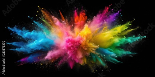 Vibrant colored powder explodes in mid-air on a dark black background, creating a mesmerizing visual effect , black background, artistic effect