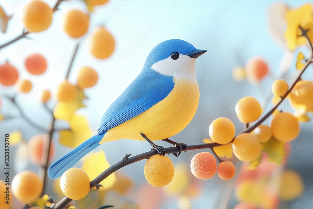 Fototapeta premium A colorful bird with blue and yellow plumage perched on a branch adorned with bright yellow fruits. The background is softly blurred, enhancing the vibrant colors of the bird and fruits. 