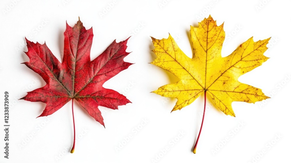 Autumn maple leaves in vibrant red and yellow on a white background providing ample copy space for creative text or designs Autumn maple leaves in vibrant red and yellow on a white background providing ample copy space for creative text or designs