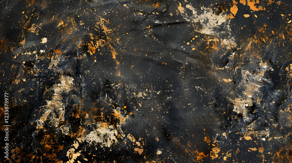 Abstract texture with dark and metallic hues, featuring splashes and organic patterns.