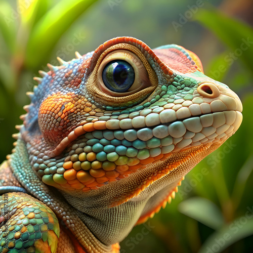 Close-up of a vibrantly colored lizard. showcasing intricate scales.