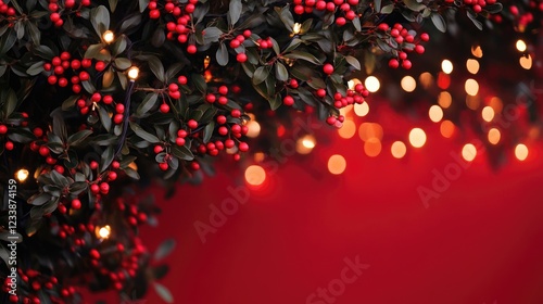 Cotoneaster horizontalis shrub with festive lights creating a warm holiday atmosphere against a vibrant red background photo