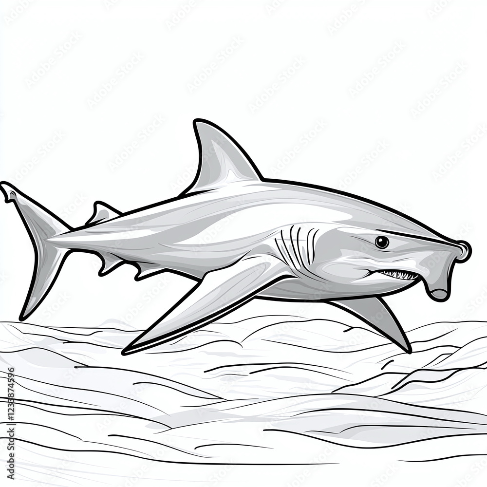 Fototapeta premium Swimming shark in ocean waves, illustrating a detailed marine creature with a streamlined body and dorsal fin, surrounded by water currents and ripples, evoking ocean life.