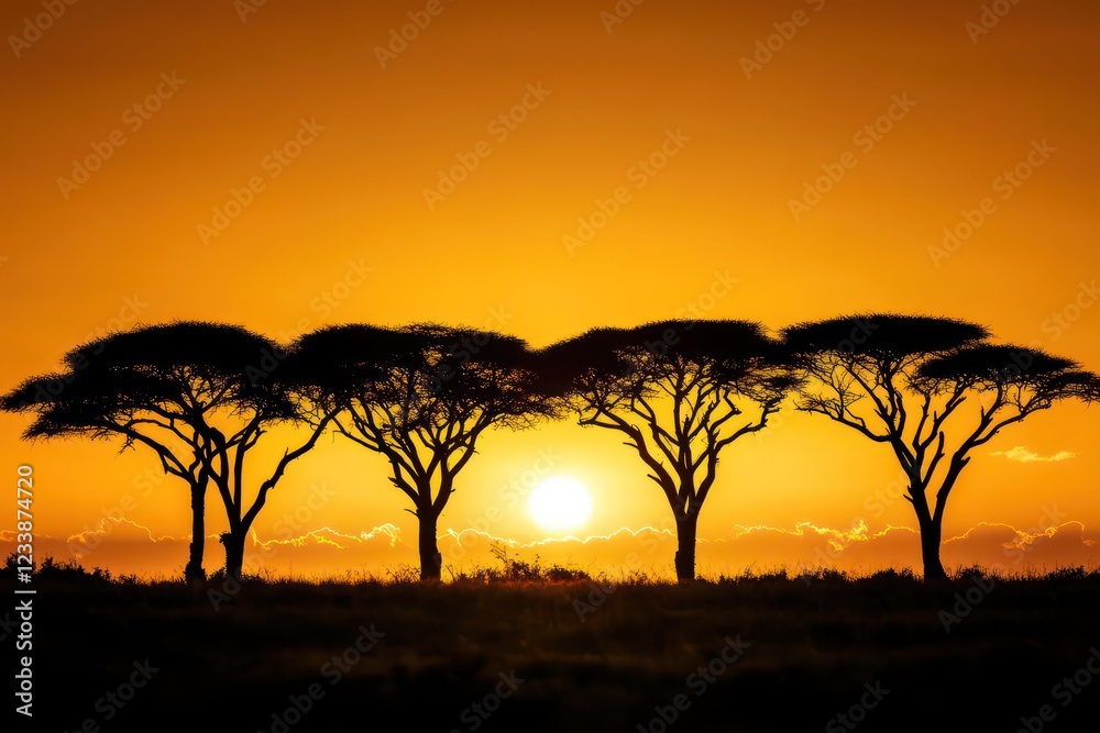 Majestic tree silhouettes stretching against a vibrant golden sky at sunset. Majestic tree silhouettes stretching against a vibrant golden sky at sunset.