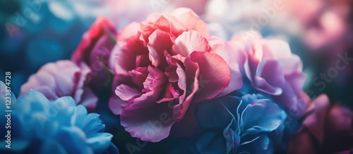 Close-up of colorful flowers with soft petals in various shades of pink and blue against a blurred background Copy Space