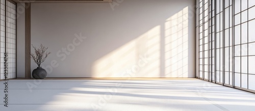 Chic modern open plan interior dining area with large windows and soft natural light creating a serene atmosphere
