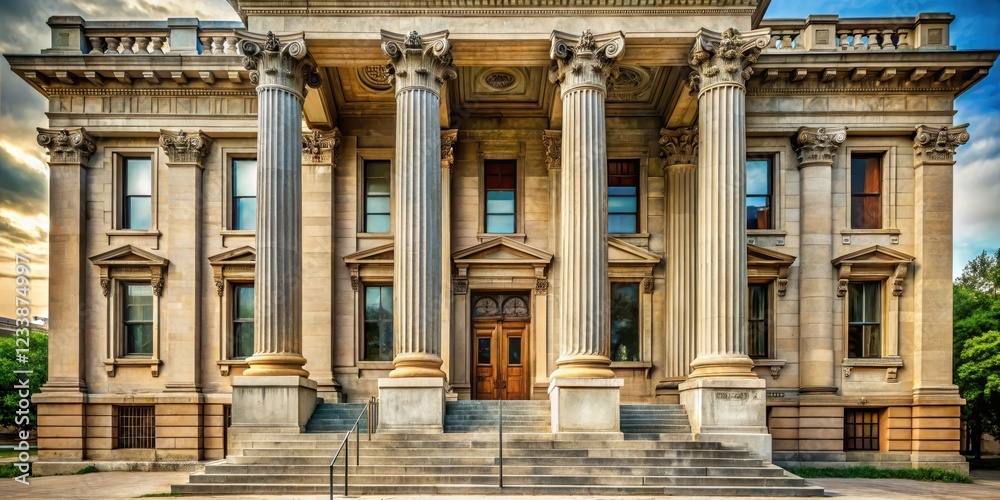 Obraz premium Historic stone column standing alone in front of a restored old justice courthouse building with ornate details and a faded grand entrance , historic landmark, ancient