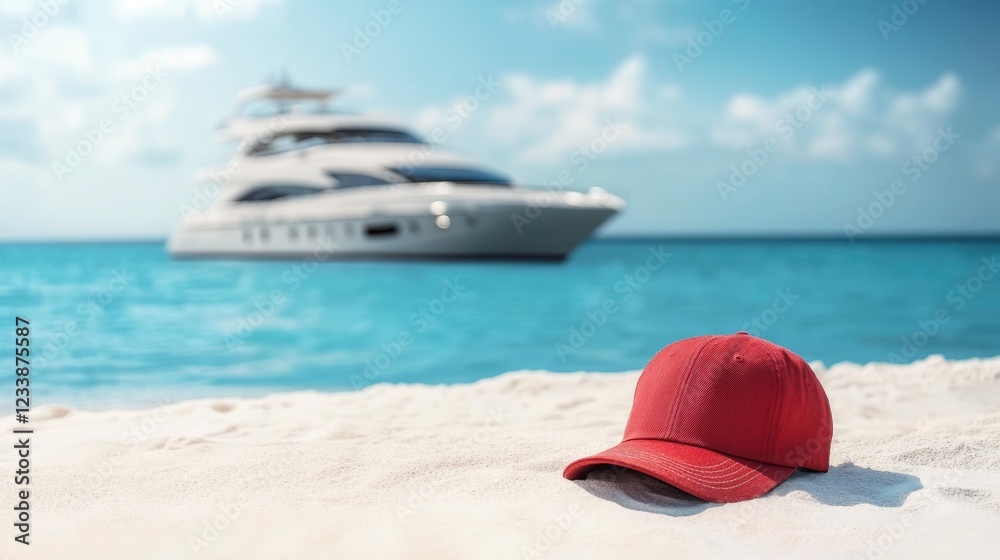 Luxury yacht anchored near a pristine white beach with a red cap in the foreground creating an inviting summer vacation atmosphere. Luxury yacht anchored near a pristine white beach with a red cap in the foreground creating an inviting summer vacation atmosphere.