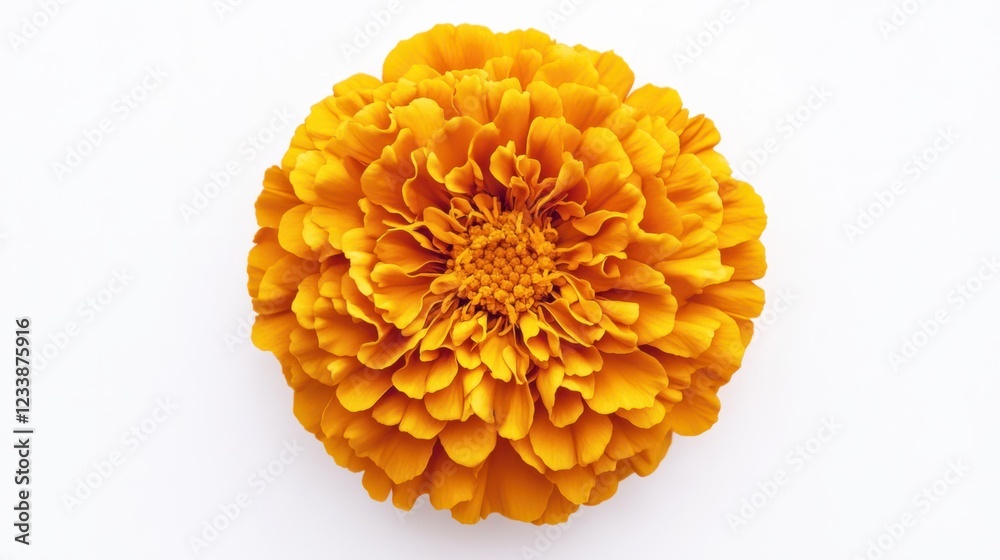 A fully bloomed marigold flower with intricate floral textures, centered on a white background A fully bloomed marigold flower with intricate floral textures, centered on a white background