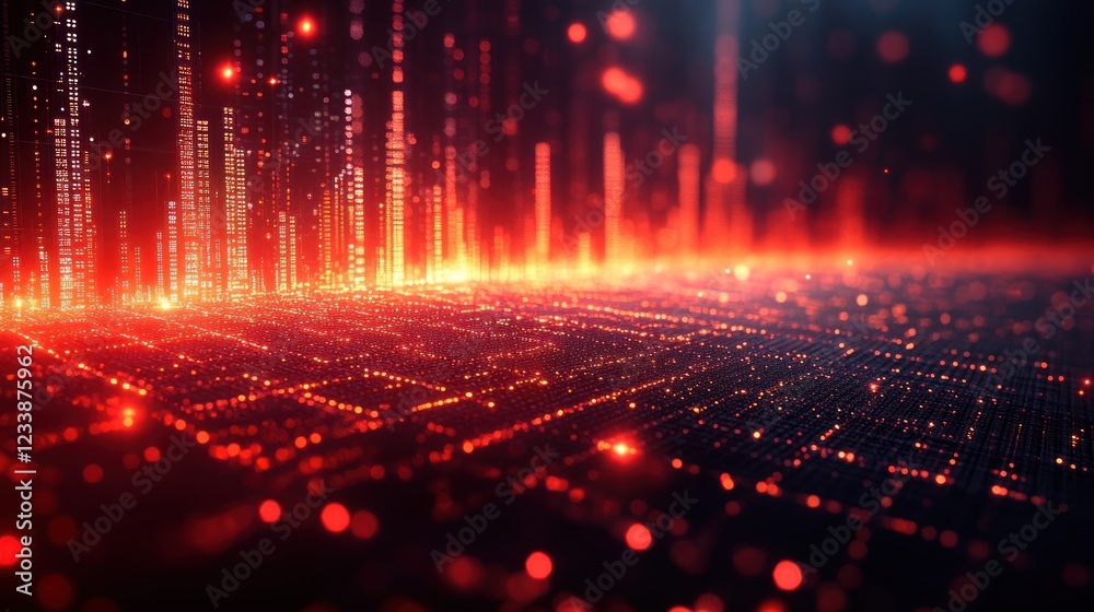 Naklejka premium Abstract Digital Cityscape: Glowing Red Metropolis at Night