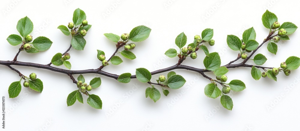 Green leaves and buds on a branch isolated on white background with Copy Space for text insertion Green leaves and buds on a branch isolated on white background with Copy Space for text insertion