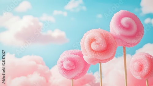 Whimsical cotton candy sky backdrop featuring pink fluffy clouds and sweet lollipop accents perfect for creative designs and playful themes photo