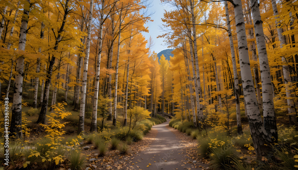 Obraz premium autumn season landscape in park, view of yellow trees alley background 