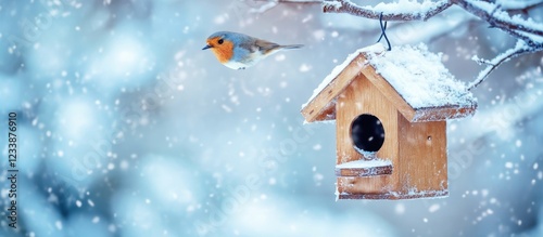 Charming birdhouse and feeder providing nourishment for wild birds in a winter outdoor setting with soft snowfall ambiance photo