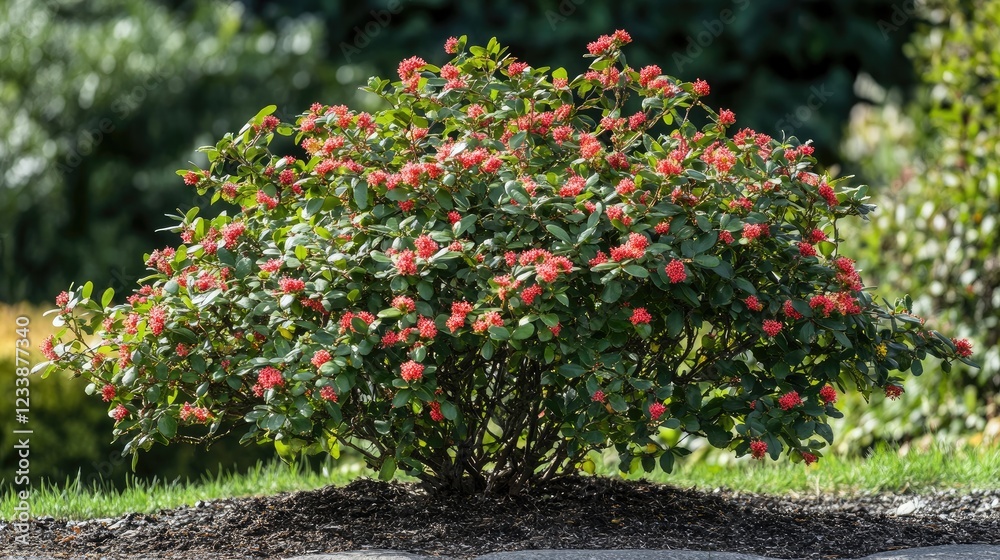 Vibrant Cotoneaster shrub blooming in a lush home garden with ample copyspace for text or branding purposes Vibrant Cotoneaster shrub blooming in a lush home garden with ample copyspace for text or branding purposes