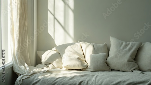 Cozy layered sofa cushions bathed in natural light with soft shadows from a bright window creating a serene home atmosphere