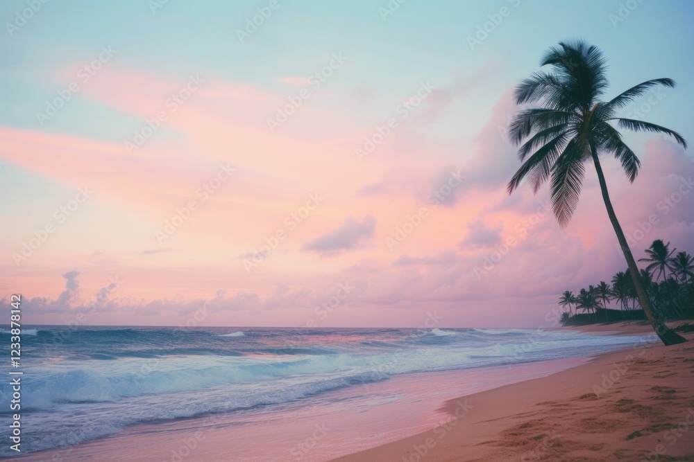 Fototapeta premium Sunset beach with coconut trees landscape summer outdoors.