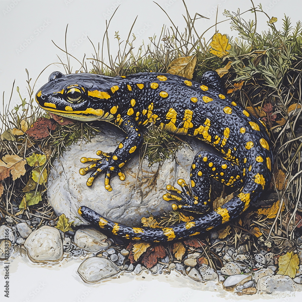 Obraz premium Salamander resting on a large rock surrounded by colorful autumn leaves and grass, showcasing bright yellow and black coloration, blending with nature's palette.