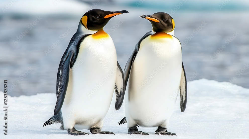 Fototapeta premium Two Adorable Emperor Penguins Standing Together on Ice
