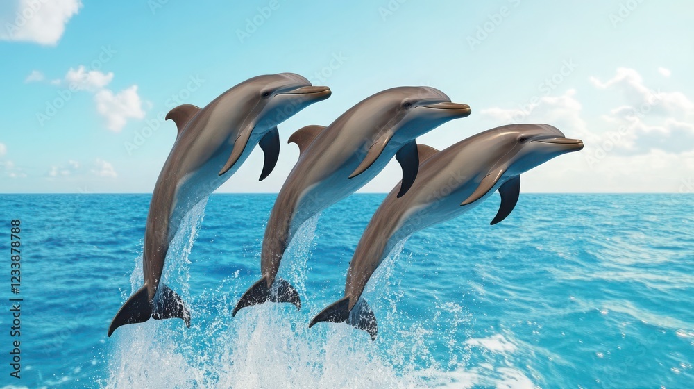 Obraz premium Dolphins Leaping Across Blue Ocean Waves Under Bright Sky Sunshine