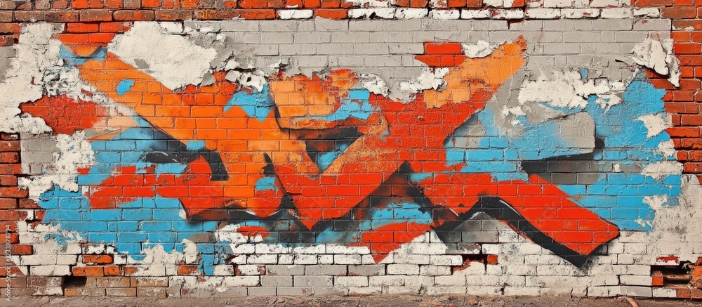 Fototapeta premium Colorful graffiti art on a weathered brick wall with flaked paint and visible texture, Copy Space