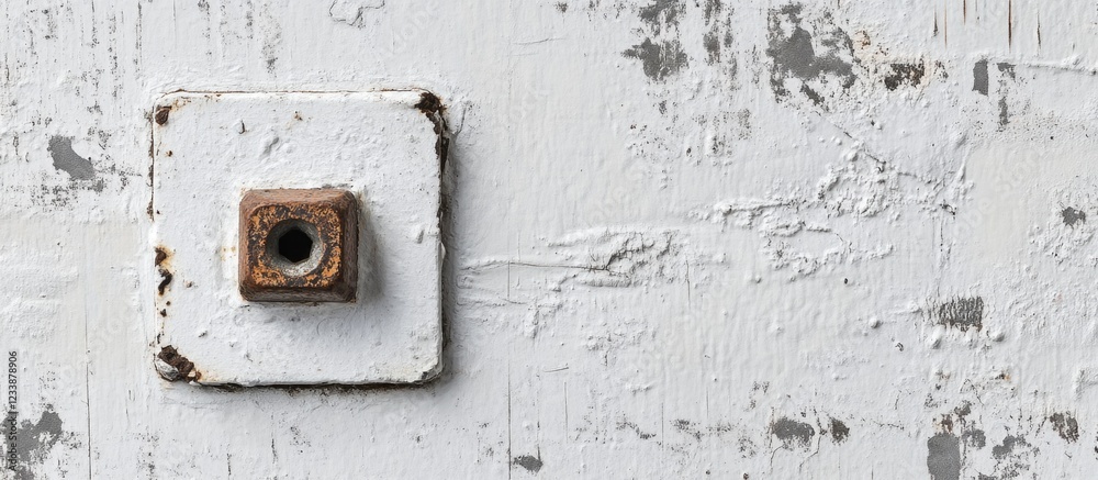 Rusty metal square nut on a weathered white wooden surface with chipped paint, showcasing texture and detail, Copy Space available. Rusty metal square nut on a weathered white wooden surface with chipped paint, showcasing texture and detail, Copy Space available.