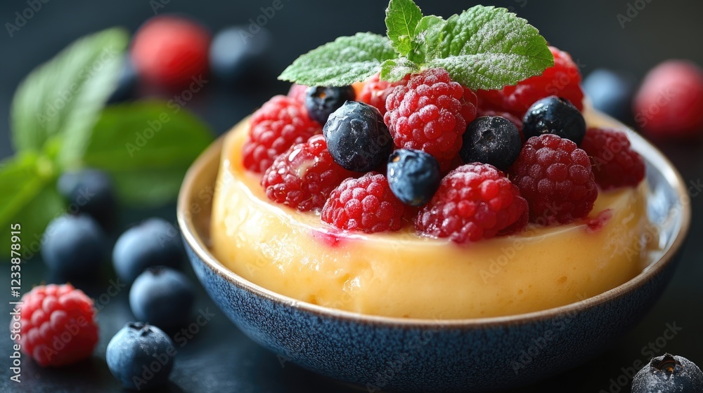 Delicious dessert with creamy custard topped with fresh raspberries and blueberries garnished with mint leaves on dark background Copy Space Delicious dessert with creamy custard topped with fresh raspberries and blueberries garnished with mint leaves on dark background Copy Space