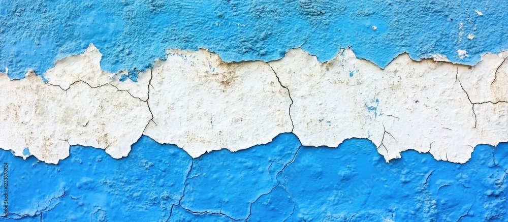 Obraz premium Peeling blue and white paint on weathered wall surface with cracked texture and Copy Space for text placement