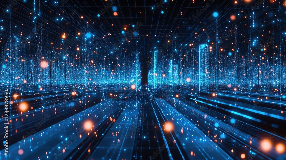 Fototapeta premium Digital city data flow; glowing network, futuristic background