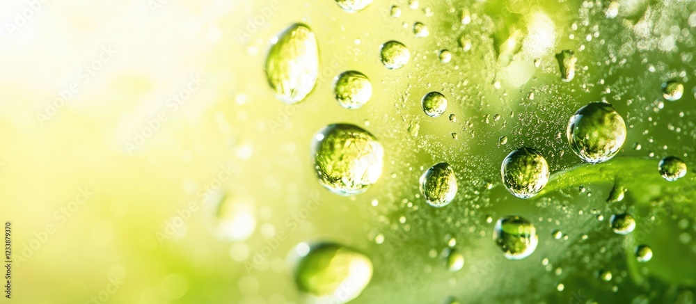 Close-up of water droplets on green leaves with soft blurred background Copy Space for text placement Close-up of water droplets on green leaves with soft blurred background Copy Space for text placement
