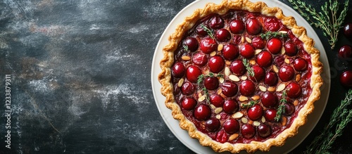 Cherry Almond Tart with Thyme on Rustic Table with Empty Space for Text and Display Elements photo