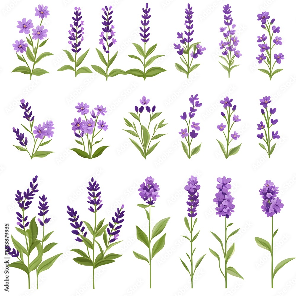 Fototapeta premium Lavender flowers isolated on a white background, floral clipart, cutout, PNG, vector illustration, collection set, realistic photo. 