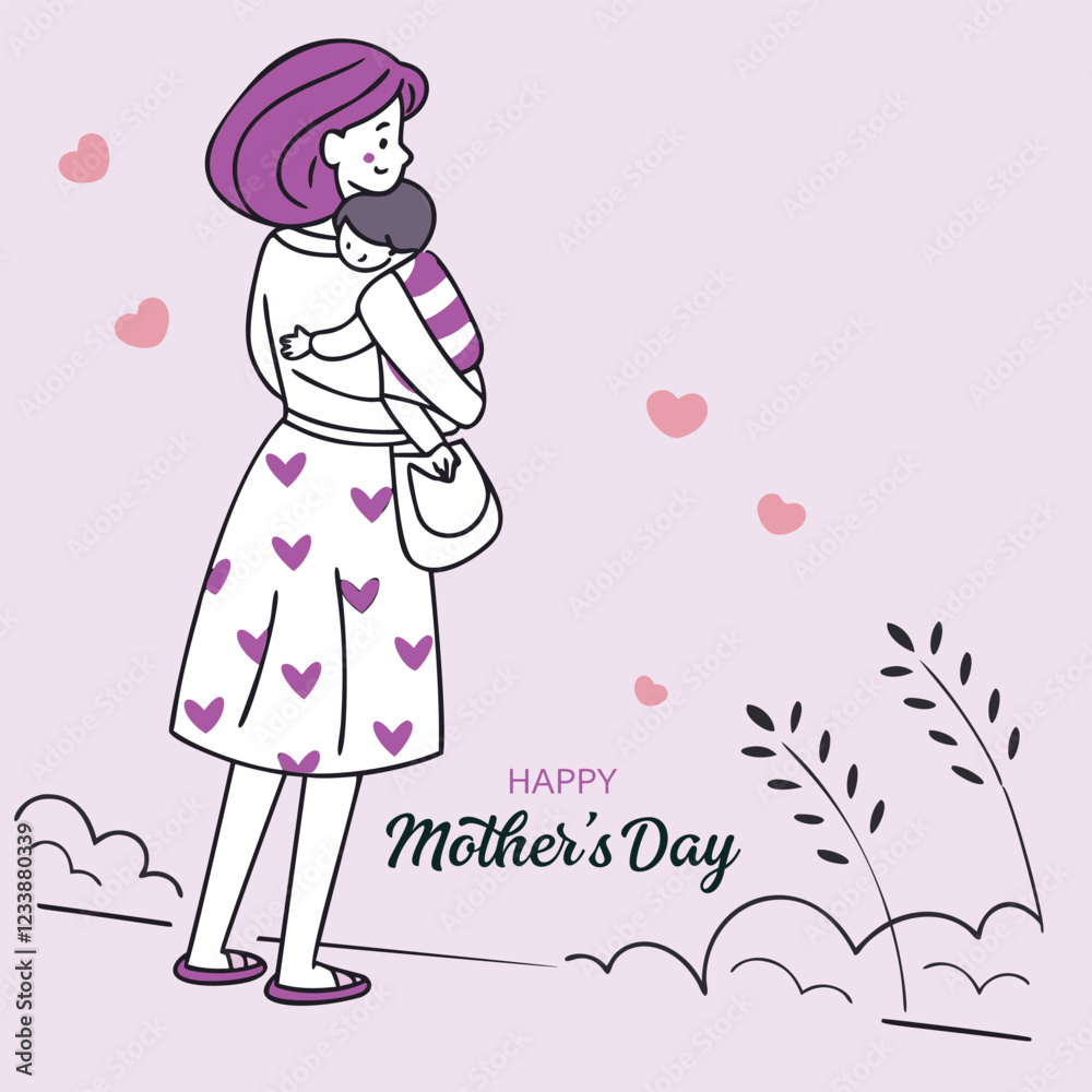 A charming illustration of a mother carrying her child, likely a baby, on Mother's Day A charming illustration of a mother carrying her child, likely a baby, on Mother's Day