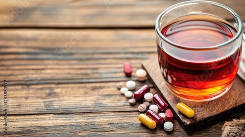 Cough syrup for sore throat relief with assorted pills on a wooden table featuring ample empty space for text or branding purposes photo