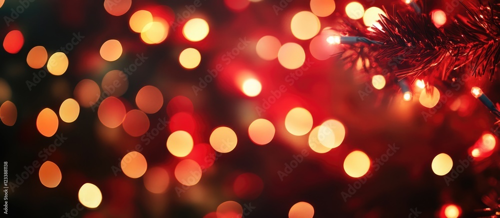 Obraz premium Red and orange bokeh Christmas lights with pine branches in foreground Copy Space