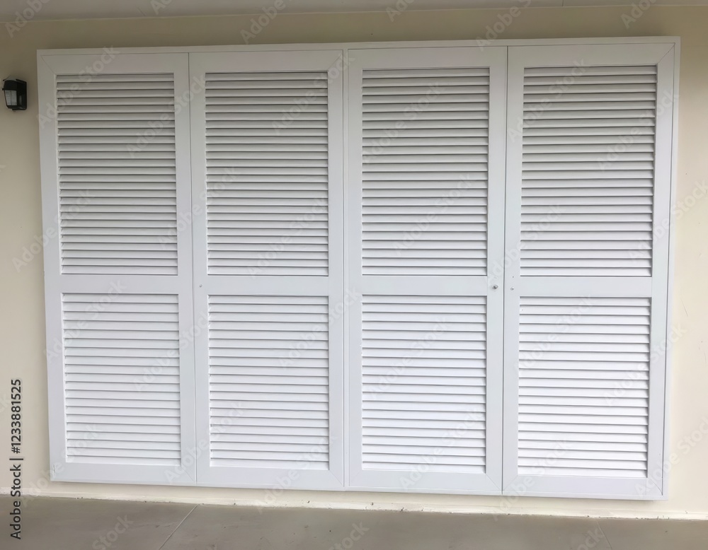 Fototapeta premium Four-Panel White Louvered Shutters with Textured Wall and Floor Background