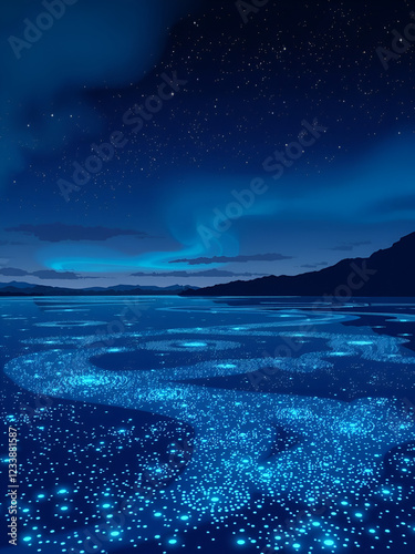 Bioluminescent lagoon at dusk: tranquil evening glow in nature s light. Starlit Lagoon. Illustration photo