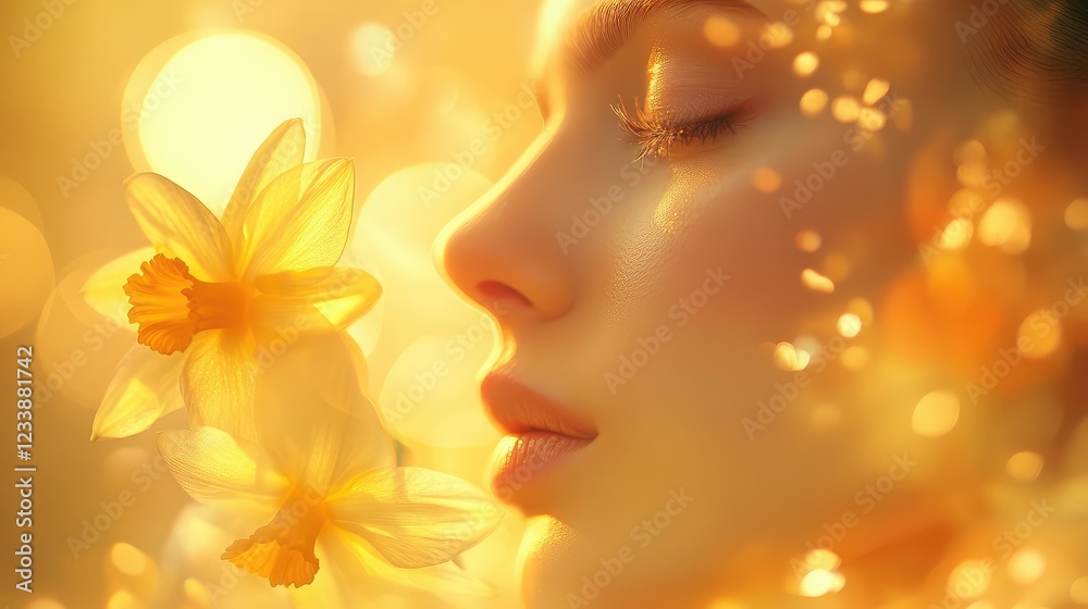 Fototapeta premium Golden Narcissus Blossoms Against a Soft Blurred Background with Ethereal Glow in a Sunlit Midsummer Garden Setting