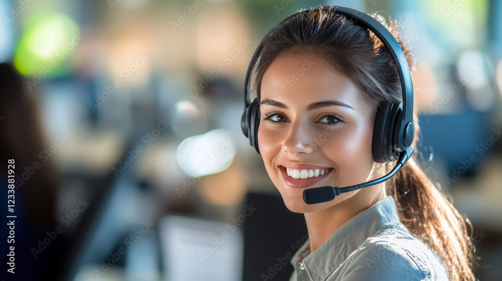 Friendly call center agent answering incoming calls with a headset, providing customer service remotely. Happy woman using her excellent communication skills to resolves customer issues. Friendly call center agent answering incoming calls with a headset, providing customer service remotely. Happy woman using her excellent communication skills to resolves customer issues.