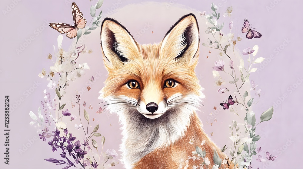 Obraz premium Adorable Fox Surrounded by Delicate Flowers and Butterflies Artwork