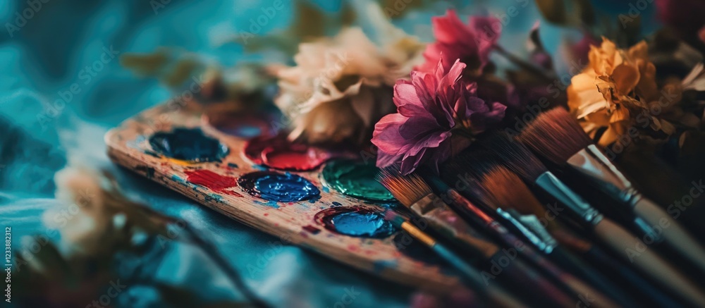 Fototapeta premium Artistic composition of paint palette with brushes and dried flowers on textured surface with copy space for creative projects
