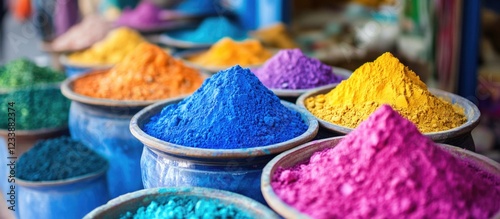 Colorful piles of powdered pigments in traditional bowls at a market with vibrant hues of blue, orange, purple, and yellow Copy Space photo