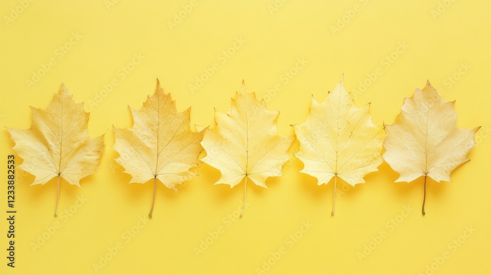 Golden Yellow Maple Leaves Arranged in a Row on a Bright Yellow Background for Nature and Autumn Conceptual Photography Golden Yellow Maple Leaves Arranged in a Row on a Bright Yellow Background for Nature and Autumn Conceptual Photography