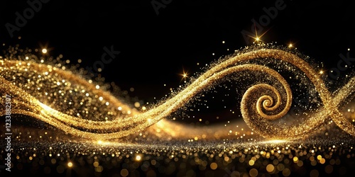 Sparkling gold glitter swirls on a black background, creating a mesmerizing effect, sparkle, design,  sparkle, design, metallic