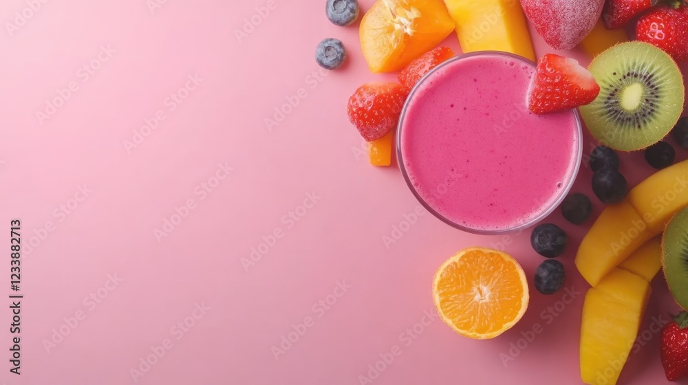 Fresh fruit smoothie in glass surrounded by assorted fresh fruits on pink background with Copy Space for text. Fresh fruit smoothie in glass surrounded by assorted fresh fruits on pink background with Copy Space for text.