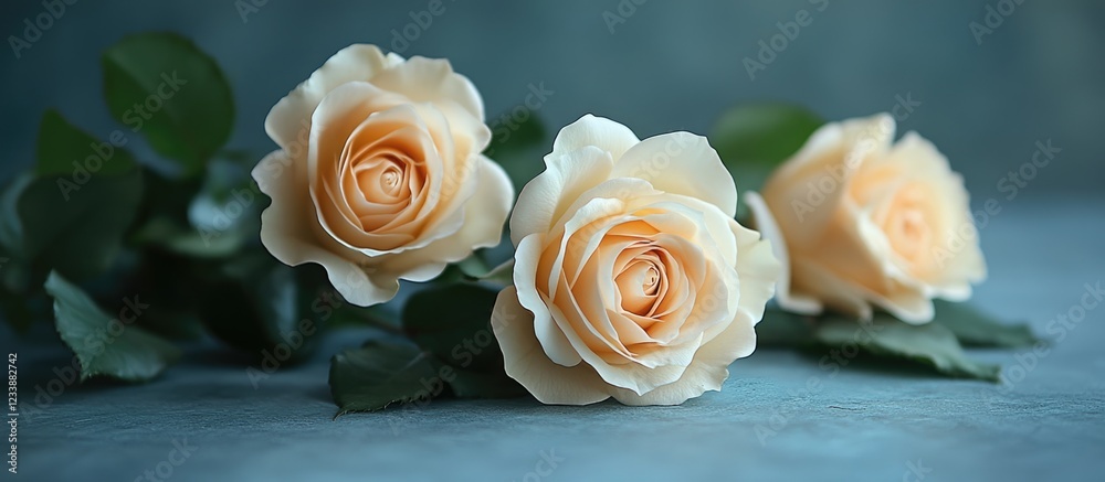 Peach roses with green leaves on a blue background Copy Space Peach roses with green leaves on a blue background Copy Space