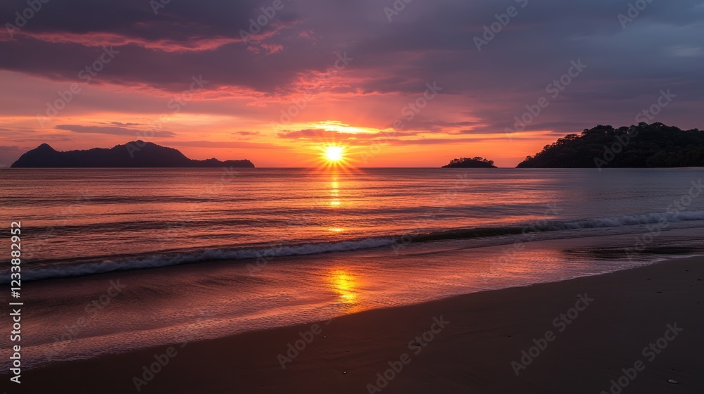 Sunset over calm beach with reflections on the water and silhouette of islands in the background, Copy Space available Sunset over calm beach with reflections on the water and silhouette of islands in the background, Copy Space available